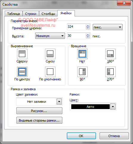 Вставка таблицы - Параметры для выделенных ячеек