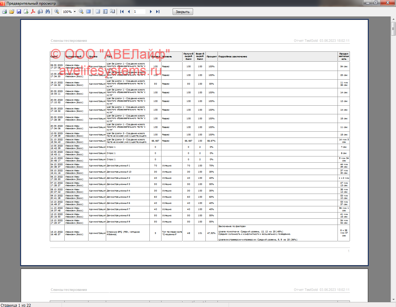 Предварительный просмотр отчета